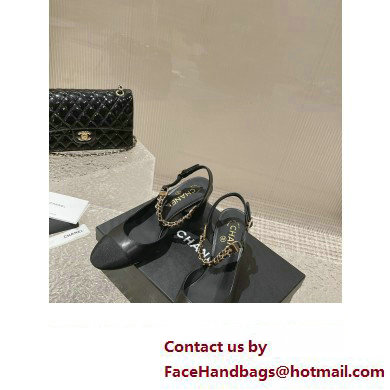 Chanel Heel 6.5cm Chain Lambskin Grosgrain  &  Metal Pumps Slingbacks G45092 Black 2023